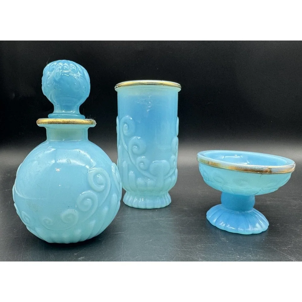 Vintage Avon Blue Milk Glass Vanity Set Decanter Vase Pedestal Dish Gold Trim
